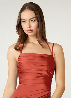 Azazie Desi Bridesmaid Dresses Rust Sheath Halter Corset Stretch Satin Dress image6