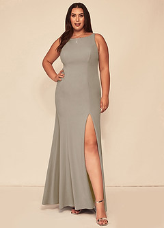 Azazie Rogue Bridesmaid Dresses Taupe Mermaid Scoop Side Slit Stretch Crepe Dress image7