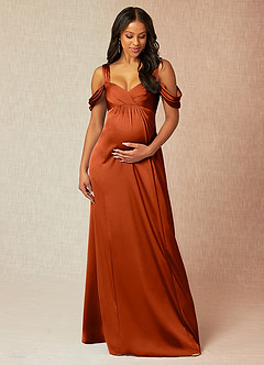 Azazie Rhea Maternity Bridesmaid Dresses A-Line Off-The-Shouler Pleated Stretch Satin Floor-Length Dress image1