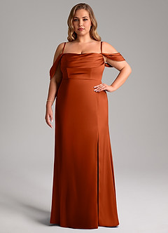 Azazie Saige Bridesmaid Dresses Paprika Sheath Off the Shoulder Stretch Satin Dress image15