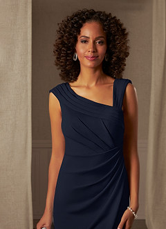 Azazie Cecily At-home Try On Dresses Dark Navy Sheath Stretch Crepe Dress image4