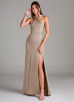 Azazie Rue Bridesmaid Dresses Taupe Mermaid Pleated Stretch Satin Dress image1