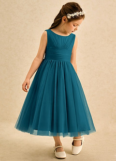 Azazie Macaron Flower Girl Dresses Ink Blue A-Line Pleated Tulle Dress image1