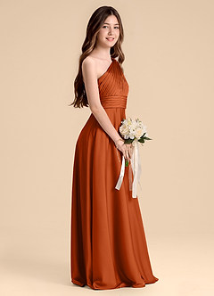 Azazie Charlize Junior Vestido de Naranja Quemada de Satén Elástico de Corte en A con Plisado image5