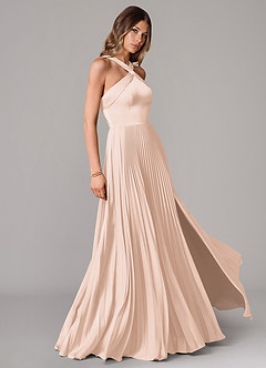 Azazie Afra Robes de demoiselle d'honneur Robe Trapèze en Satin extensible Plissée Rose Pâle image3