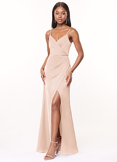 Azazie Maci Bridesmaid Dresses Blushing Pink A-Line V-Neck Pleated Stretch Satin Dress image3
