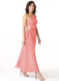 Azazie Kirra Bridesmaid Dresses Coral A-Line One Shoulder Chiffon Dress image3