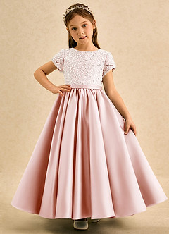 Azazie Cashew Robe Demoiselle D'honneur Fillette Robe Princesse en Mat Satiné avec manches Rose Pâle image2