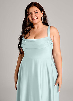 Azazie Shaude Bridesmaid Dresses Sea Glass A-Line Pleated Stretch Satin Dress image9
