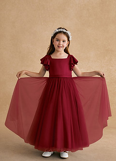 Azazie Suzy Flower Girl Dresses Burgundy A-Line with Sleeves Tulle Dress image5