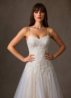 Azazie Lumina At-home Try On Dresses Diamond White Champagne A-Line Sweetheart Neckline Lace Dress image6
