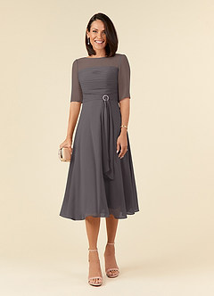 Azazie Naomi Kleider für die Brautmutter A-Linie Bootshals Gefaltet Chiffon Kleid Stahlgrau image1