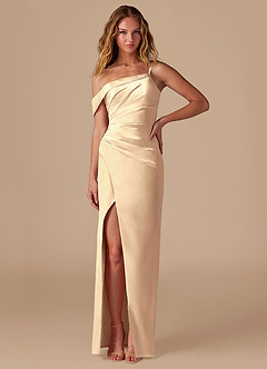 Azazie Lia Bridesmaid Dresses Gold Sheath Off the Shoulder Metallic Satin Dress image1