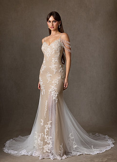Azazie Saskia Wedding Dresses Diamond White Nude Mermaid Sequins Tulle Dress image4