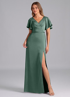 Azazie Ambrosia Bridesmaid Dresses Eucalyptus A-Line Pleated Stretch Satin Dress image1