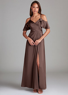 Azazie Dakota Bridesmaid Dresses Ganache A-Line Off the Shoulder Stretch Satin Dress image3