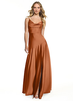 Azazie Kayla Final Sale Copper A-Line Side Slit Stretch Satin Dress image1
