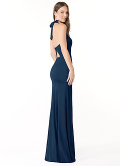 Azazie Emeria Vestidos de damas de honor Vestido de Azul Marino Oscuro de Satén Elástico de Corte Sirena con Plisado image5