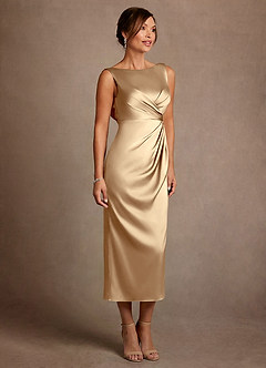 Azazie Mazhe 신부의 어머니 드레스 A라인 주름진 스트레치 새틴 티 길이 드레스 image4