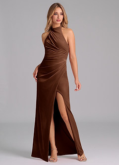 Azazie Jemma Vestidos de damas de honor Vestido de Ocre Oscuro de terciopelo de Corte Recto con Plisado image6