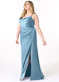 Azazie Marzia Bridesmaid Dresses Steel Blue Mermaid Cowl Pleated Stretch Satin Dress image9