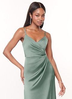 Azazie Maci Bridesmaid Dresses Silver Sage A-Line V-Neck Pleated Stretch Satin Dress image5
