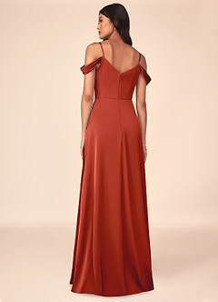 Azazie Ocean Bridesmaid Dresses Rust A-Line V-Neck Pleated Stretch Satin Dress image2