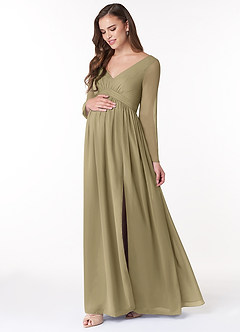Azazie Teton Zwangerschaps Bruidsmeisjekleding A-Lijn Lange mouw Chiffon Vloerlengte Jurk image3