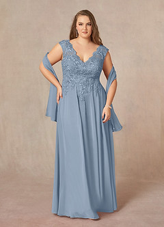 Azazie Amethyst vestidos de madre de la novia Vestido de Azul Polvoriento de Gasa de Corte En A con Lentejuelas Cuello V image9