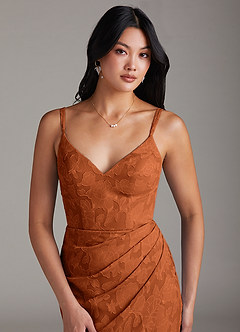 Azazie Leo Bridesmaid Dresses Burnt Orange Sheath Pleated Floral Burnout Dress image5