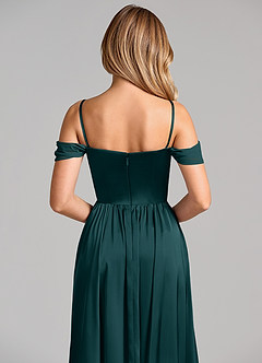 Azazie Raisa Robes de demoiselle d'honneur Robe Trapèze en Satin extensible Épaule décolletée Vert Pin image2