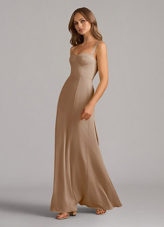 Azazie Amaris Bridesmaid Dresses Taupe A-Line Corset Stretch Satin Dress image4
