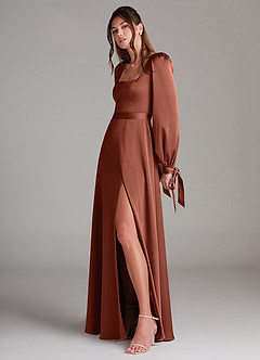 Azazie Leonia Bridesmaid Dresses Clay A-Line Long Sleeve Stretch Satin Dress image5