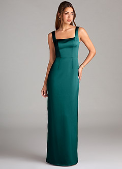Azazie Flori Bridesmaid Dresses Peacock Sheath Side Slit Stretch Satin Dress image1