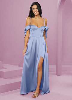 Barbie ♥ Azazie Robes de demoiselle d'honneur Robe Trapèze en Satin extensible Épaule décolletée Eis image6