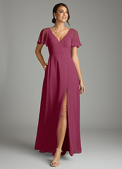 Azazie Kimber Bridesmaid Dresses Mulberry A-Line Flounce Sleeve Chiffon Dress image4