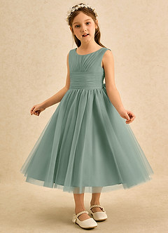 Azazie Macaron vestidos de niña de las flores Vestido Salvia Plateada de Tul de Línea A con Plisado image4