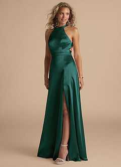 Azazie Clarice Bridesmaid Dresses Pine A-Line High Neck Metallic Satin Dress image1