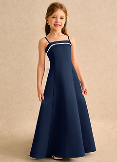 Azazie Izel Girls Formal Flower Girl Dresses Ivory Dark Navy A-Line Pleated Matte Satin Dress image3