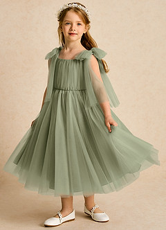 Azazie Dori Robe Demoiselle D'honneur Fillette Robe Trapèze en Tulle Rayé Pistache image5