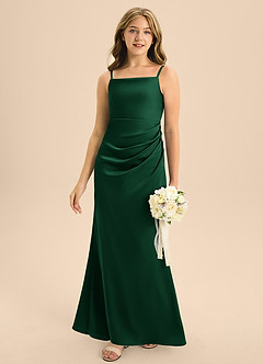 Azazie Renna Junior Robe Trapèze en Satin extensible Plissée Vert Foncé image5