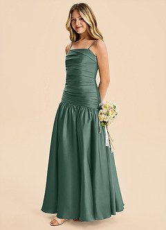 Azazie Romi Junior Eucalyptus A-Line Pleated Stretch Satin Dress image3