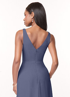 Azazie Nala Robes de demoiselle d'honneur Robe Trapèze en Mousseline de soie Plissée Bleu Orageux image5