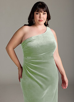 Azazie Argan Vestidos de damas de honor Vestido de Salvia Polvorienta de terciopelo de Corte en A con Plisado con un hombro image12