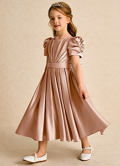 Azazie Miriam vestidos de niña de las flores Vestido de Champán Rosado de Satin Mate de Princesa con Plisado image7