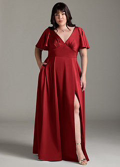 Azazie Kimber Bridesmaid Dresses Scarlet A-Line Ruched Stretch Satin Dress image7