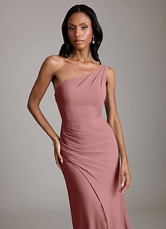 Azazie Madelyn Vestidos de damas de honor Vestido de Rosa Del Desierto de Gasa de Corte Sirena Convertible con Hombro unilateral image8