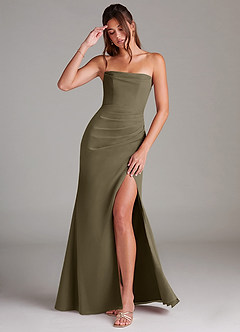 Azazie Leonis Vestidos de damas de honor Vestido de Verde Sauce de Gasa de Corte Recto Convertible con Sin tirantes image1