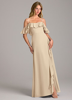 Azazie Aubrie Bridesmaid Dresses Champagne A-Line Off the Shoulder Chiffon Dress image5