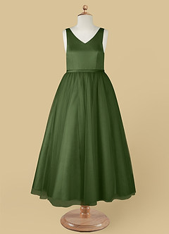 Azazie Marybell Flower Girl Dresses Olive A-Line Bow Tulle Dress image9